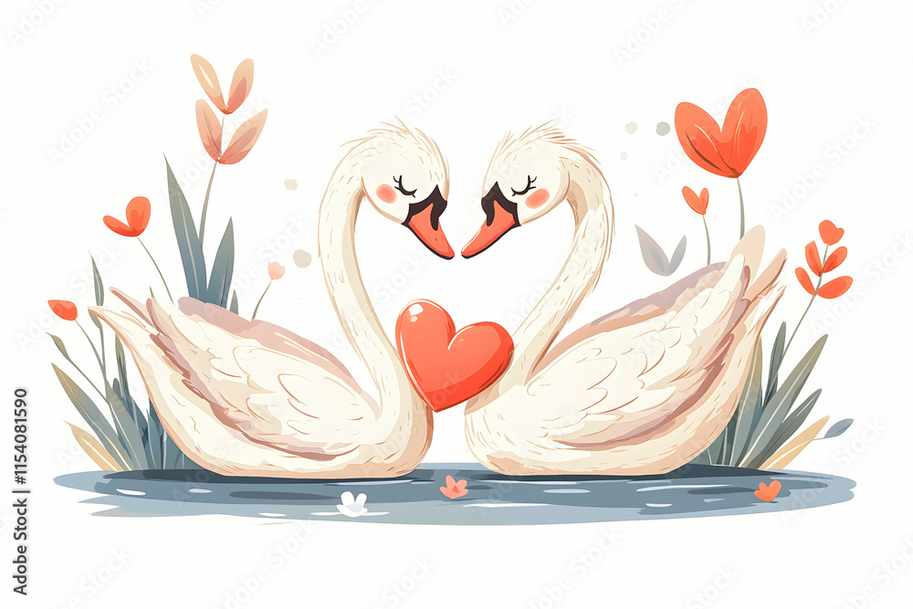 Obraz premium Romantic Swans Embracing with Heart Shape Surrounded by Flowers in a Serene Natural Setting