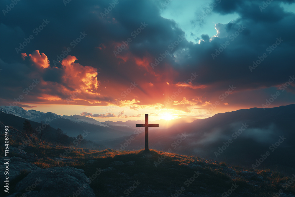 Dramatic Christian Cross at Sunset with Dark Clouds and Sunbeams Depicting Resurrection and Easter Spirituality Dramatic Christian Cross at Sunset with Dark Clouds and Sunbeams Depicting Resurrection and Easter Spirituality