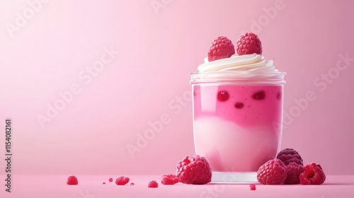 Delicious raspberry yogurt dessert in a glass jar topped with fresh berries against a pink background for a sweet treat showcase photo