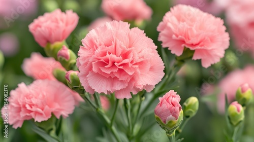 Delicate pink carnation flowers in close-up showcasing intricate petals and vibrant green foliage in a beautiful floral arrangement.