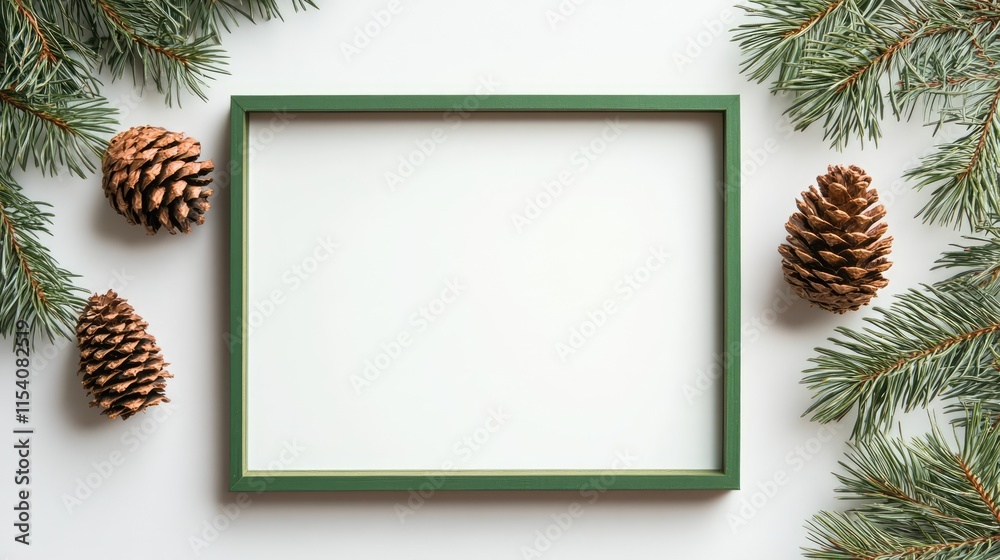 Pine cones and green frame surrounded by pine branches on white background for seasonal decor or nature-themed design concepts Pine cones and green frame surrounded by pine branches on white background for seasonal decor or nature-themed design concepts