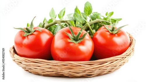 Fresh ripe tomatoes with green leaves in a wicker basket against a white background showcasing natural produce and healthy eating. photo