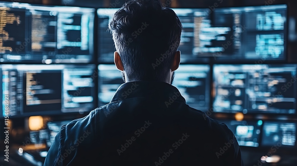 Fototapeta premium A Man Views Multiple Computer Screens Filled With Code