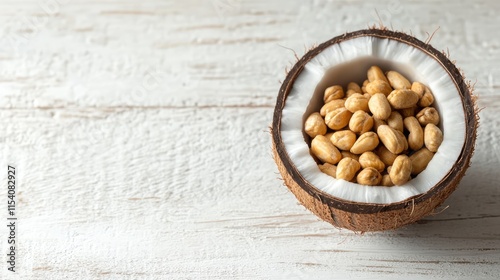 Pine nuts in a coconut shell on a rustic white wooden surface showcasing natural ingredients and organic food aesthetics photo