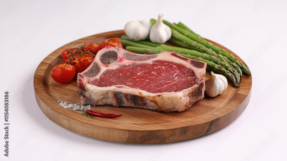 Raw meat on wooden platter with fresh asparagus garlic chili peppers and ripe tomatoes for gourmet cooking and meal preparation concepts Raw meat on wooden platter with fresh asparagus garlic chili peppers and ripe tomatoes for gourmet cooking and meal preparation concepts