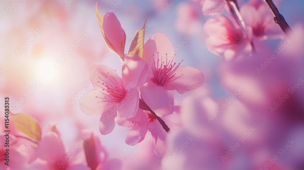 Fototapeta premium Cherry blossoms in full bloom under soft sunlight showcasing the beauty of spring nature and vibrant pink flowers against a serene background