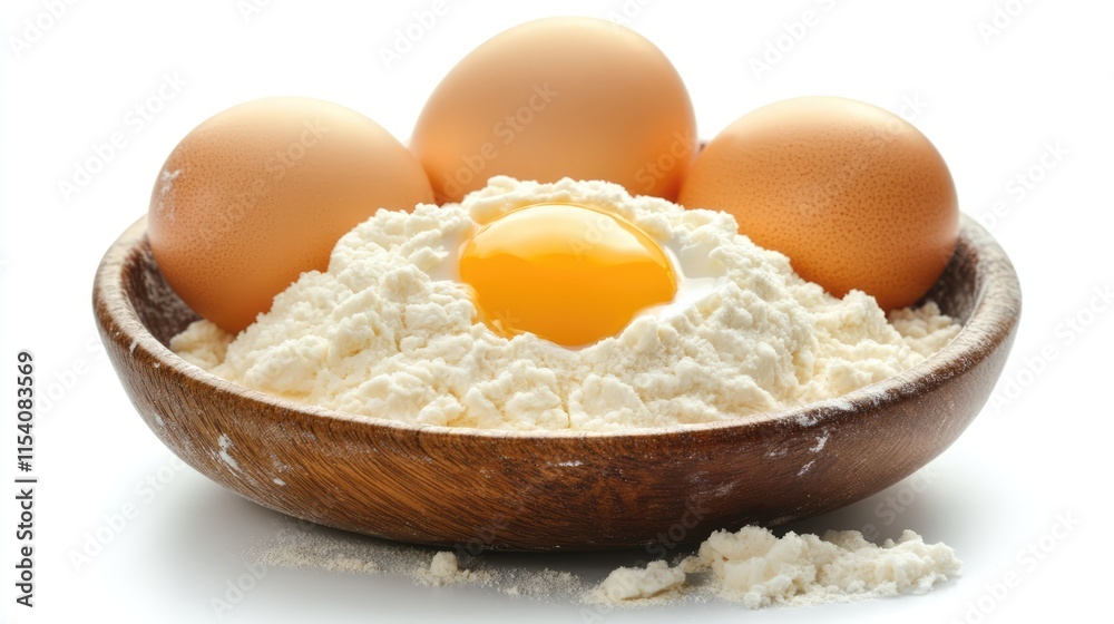 Fresh dough preparation with eggs and flour for baking culinary creations in a rustic wooden bowl on a white background. Fresh dough preparation with eggs and flour for baking culinary creations in a rustic wooden bowl on a white background.