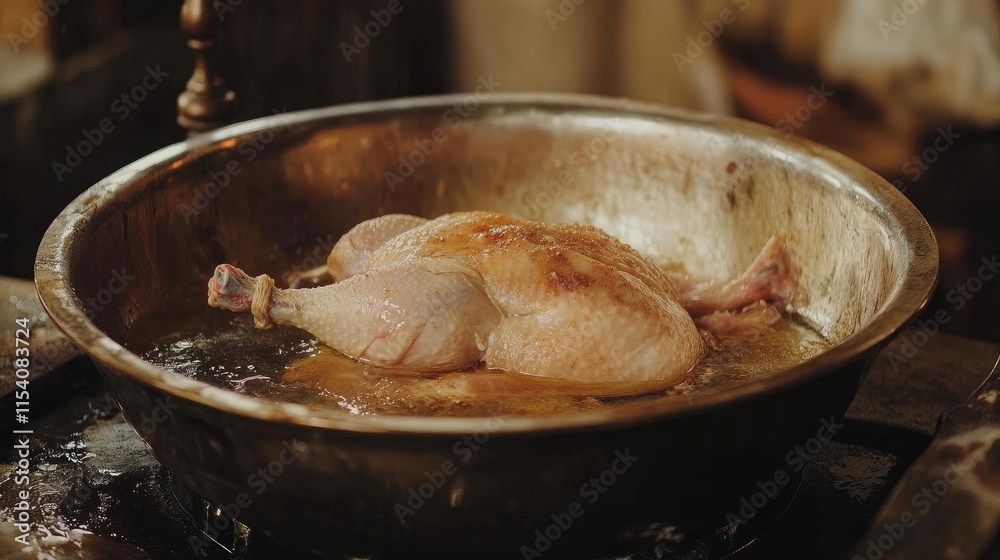 Raw chicken being prepared in a metal bowl seasoned with salt and spices ready for cooking in a rustic kitchen setting Raw chicken being prepared in a metal bowl seasoned with salt and spices ready for cooking in a rustic kitchen setting