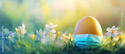 Easter egg in a mask surrounded by flowers symbolizing quarantine during the holiday season celebrating safety and hope in challenging times photo