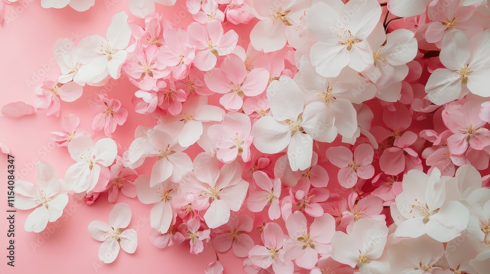 Delicate pink and white apple blossoms scattered on a soft pink background in vibrant spring bloom Delicate pink and white apple blossoms scattered on a soft pink background in vibrant spring bloom