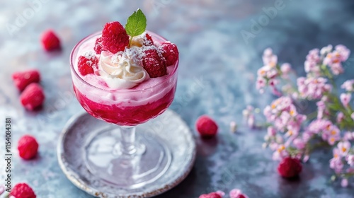 Delicious raspberry rose dessert topped with fresh berries and cream in an elegant glass on a rustic table photo