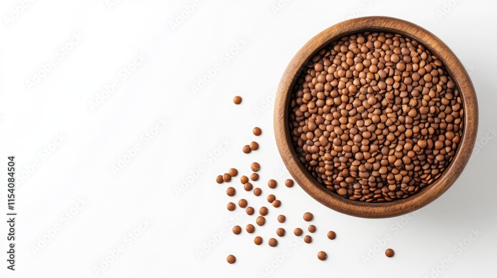 Brown lentils in wooden bowl with scattered seeds on white background healthy food concept top view rustic style Brown lentils in wooden bowl with scattered seeds on white background healthy food concept top view rustic style