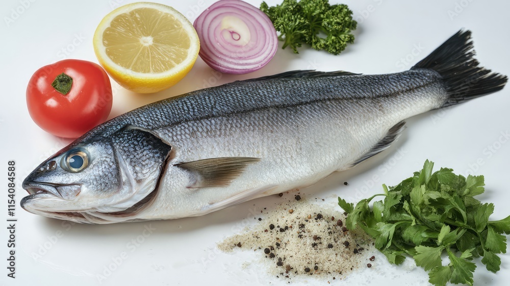 Fresh European sea bass with vegetables and herbs on a bright table ready for cooking gourmet seafood dish Fresh European sea bass with vegetables and herbs on a bright table ready for cooking gourmet seafood dish