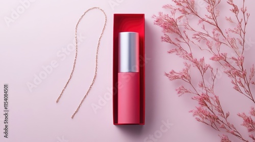 Pink and red moisturizer lipstick in elegant packaging with a delicate necklace and dried flowers on a soft pink background photo