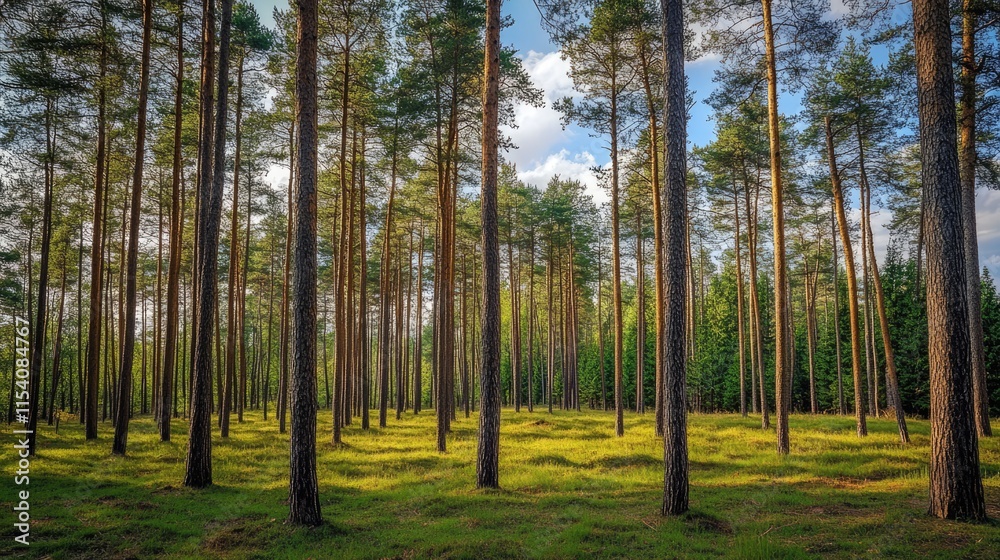 Tall pine trees in a tranquil coniferous forest landscape with sunlight filtering through the branches creating a serene natural atmosphere Tall pine trees in a tranquil coniferous forest landscape with sunlight filtering through the branches creating a serene natural atmosphere