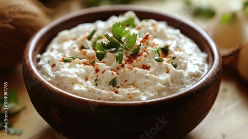 Coconut chutney in a wooden bowl topped with fresh herbs and spices for an authentic South Indian cuisine experience photo