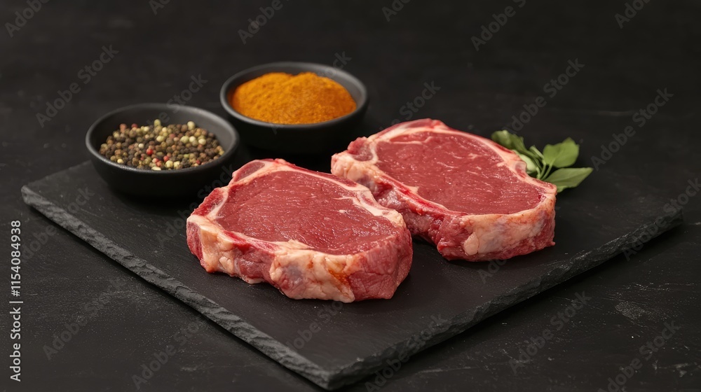 Fresh beef steaks with spices and herbs on slate board against a dark background for gourmet culinary presentation or cooking concepts Fresh beef steaks with spices and herbs on slate board against a dark background for gourmet culinary presentation or cooking concepts