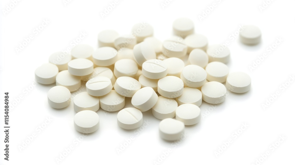 White tablets scattered on a clean surface symbolizing medication and health solutions for various illnesses and conditions White tablets scattered on a clean surface symbolizing medication and health solutions for various illnesses and conditions