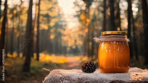 Pine jam in a glass jar on a rustic table surrounded by a tranquil forest setting with sunlight filtering through the trees photo