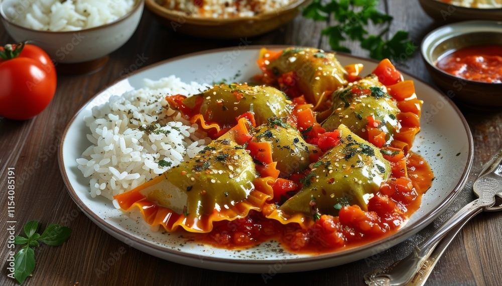 Upscale Stuffed Tomato and Pepper Dish Served with Rice on a Wooden Table Upscale Stuffed Tomato and Pepper Dish Served with Rice on a Wooden Table