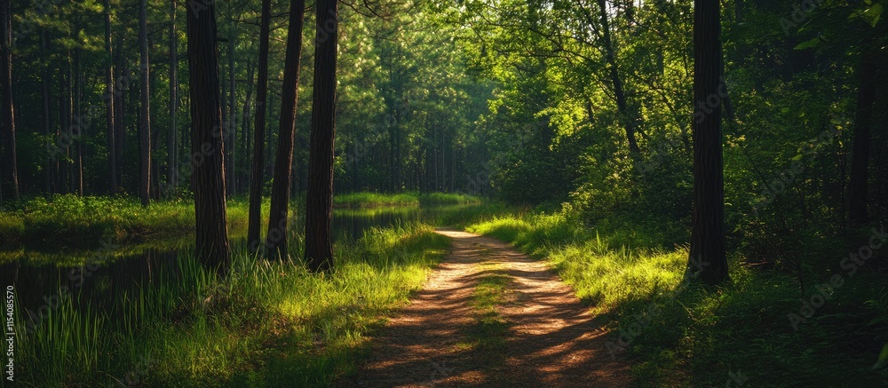 Fototapeta premium Serene woodland path surrounded by vibrant greenery and sunlight filtering through trees on a peaceful summer day