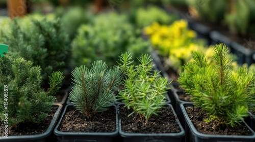 Pine and fir tree seedlings in pots showcasing healthy growth in a vibrant ornamental plant nursery setting