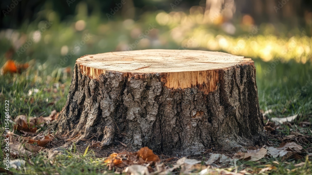 Pine tree stump in nature close up showcasing textured bark and lush green grass background with autumn leaves scattered around Pine tree stump in nature close up showcasing textured bark and lush green grass background with autumn leaves scattered around