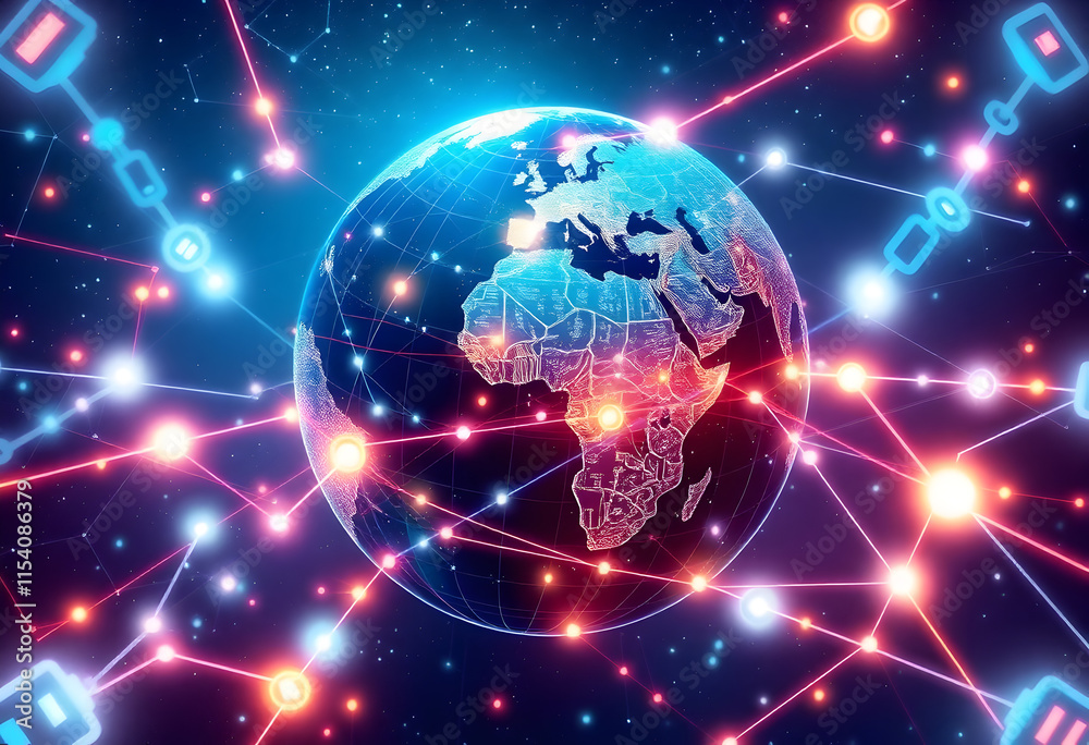 Fototapeta premium Intricate neon global value chains connecting manufacturers, suppliers, and distributors across borders - conceptual illustration of international trade and supply chains