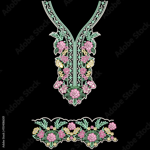 Geometrical embroidery neckline design asian trendy embroidered ornaments for digital print on fabric.