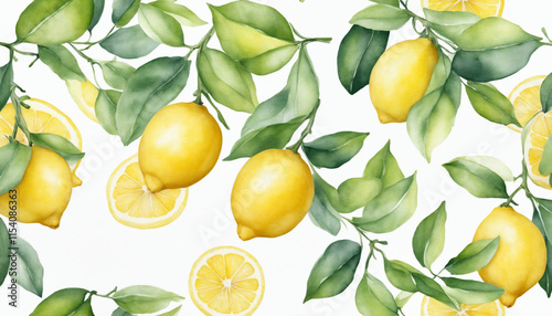 Watercolor pattern of yellow lemons with green leaves and slices on a light background