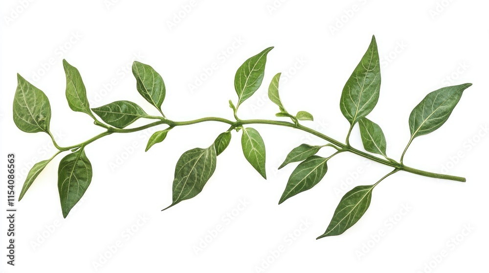 Chili plant branch with vibrant green leaves showcasing natural growth and freshness in a culinary or gardening context Chili plant branch with vibrant green leaves showcasing natural growth and freshness in a culinary or gardening context