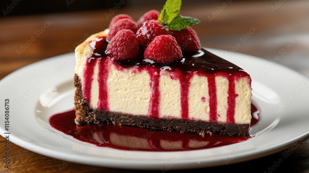 Delicious raspberry cheesecake slice with a berry sauce topping and fresh raspberries served on a white plate for dessert lovers. Delicious raspberry cheesecake slice with a berry sauce topping and fresh raspberries served on a white plate for dessert lovers.