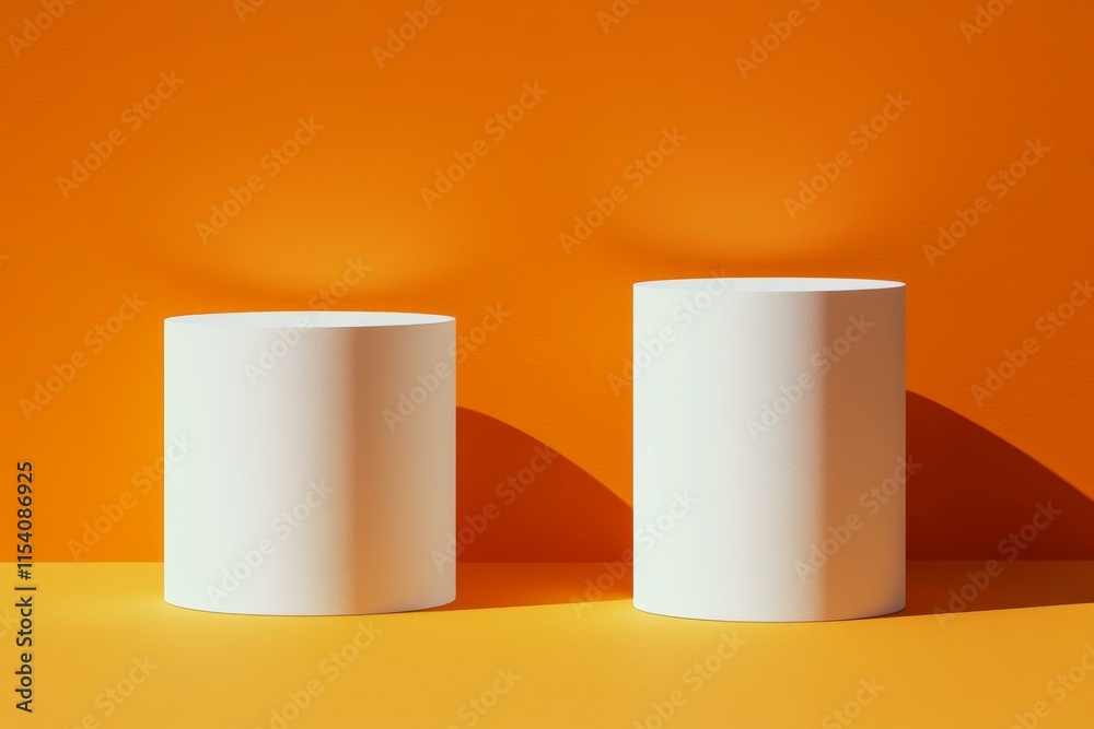White Cylindrical Product Display Stands on Orange Background White Cylindrical Product Display Stands on Orange Background