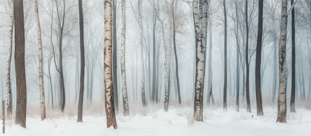 Snowy forest with tall trees in fog creating a serene and tranquil winter atmosphere suitable for nature and landscape themes Snowy forest with tall trees in fog creating a serene and tranquil winter atmosphere suitable for nature and landscape themes
