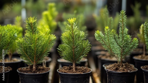 Pine and fir tree seedlings planted in pots showcasing healthy growth in an ornamental plant nursery setting
