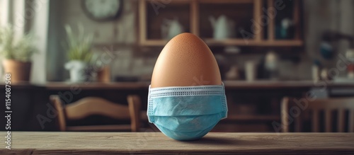 Quarantine Easter egg wearing a mask symbolizing safety and celebration during the pandemic in a cozy home setting photo