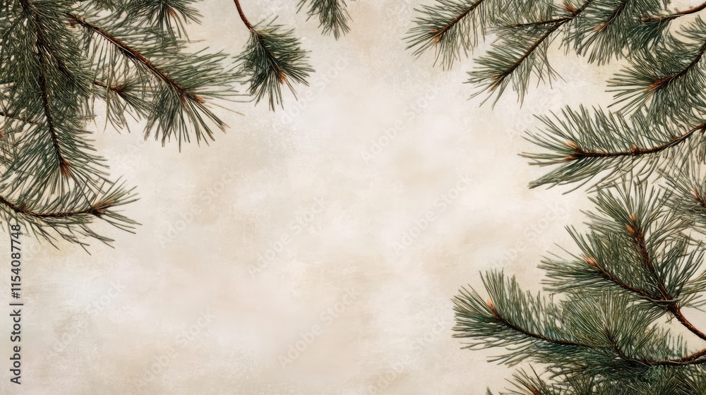 Obraz premium Pine tree branches framing a textured neutral background creating a calm and natural atmosphere for design and decoration purposes