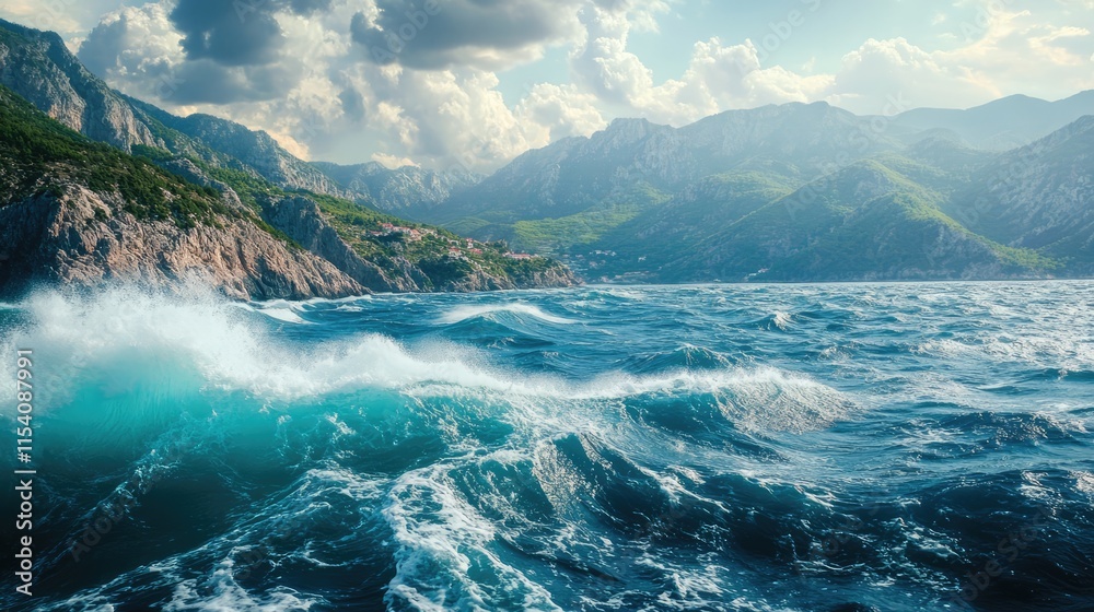 Dramatic seascape with turbulent waves and mountains under a dynamic sky showcasing the beauty of nature during a sailing adventure Dramatic seascape with turbulent waves and mountains under a dynamic sky showcasing the beauty of nature during a sailing adventure
