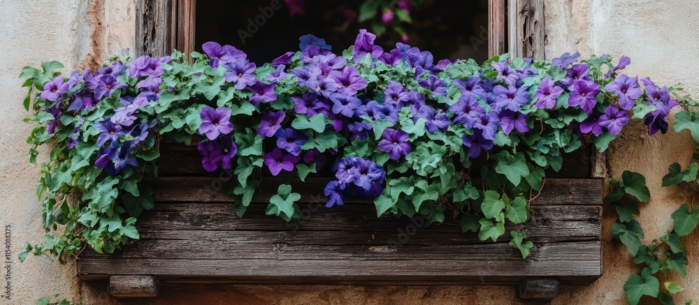 Fototapeta premium Cascading purple ivy flowers on a rustic wooden balcony enhancing a charming garden ambiance with vibrant colors and natural beauty