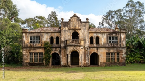 Abandoned Vintage Heritage Building Surrounded by Lush Greenery Under Clear Blue Sky