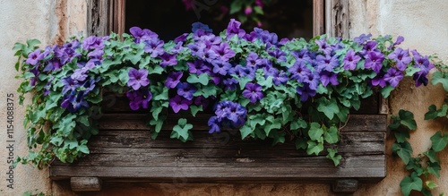 Cascading purple ivy flowers on a rustic wooden balcony enhancing a charming garden ambiance with vibrant colors and natural beauty
