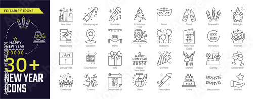 New Year Stroke icon collections. Containing Merry Christmas and Happy New Year, Winter, celebration, party, birthday, event, santa, tree, snow icons. Editable Stroke icon collection Outline icon