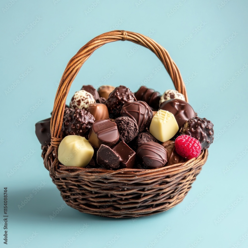 Assorted chocolates in a wicker basket on a blue background. Assorted chocolates in a wicker basket on a blue background.