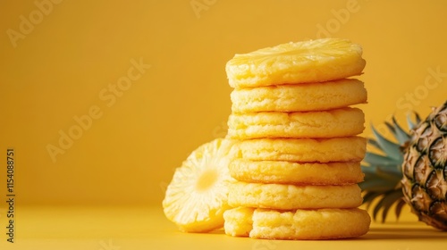 Pineapple flavored biscuit stack with fresh pineapple slice on a vibrant yellow background showcasing delightful tropical treat. photo