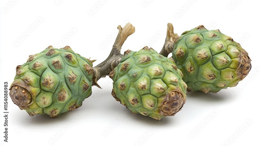 Uncommon tropical fruit with green skin showcasing unique texture on a clean white background. Uncommon tropical fruit with green skin showcasing unique texture on a clean white background.