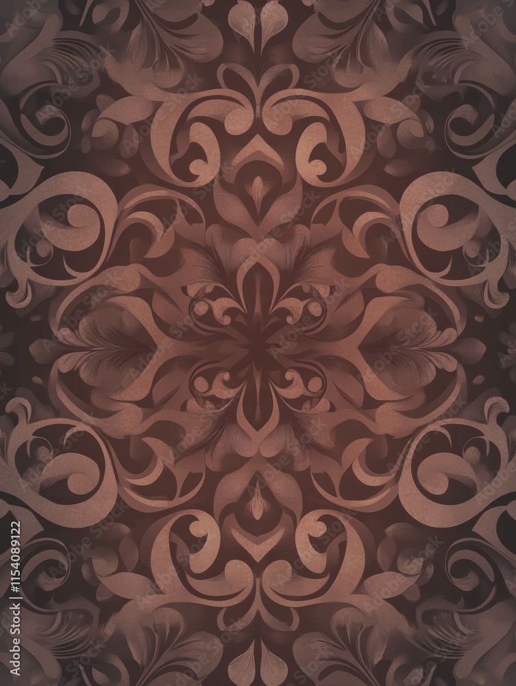 Intricate floral design featuring rich brown tones with elegant swirls and patterns in a symmetrical arrangement. Generative AI Intricate floral design featuring rich brown tones with elegant swirls and patterns in a symmetrical arrangement. Generative AI