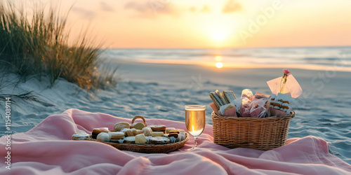 A beach picnic scene at sunset with snacks and drinks on a blanket. photo