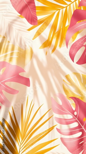 Vibrant tropical leaves create a cheerful backdrop in warm shades and playful patterns