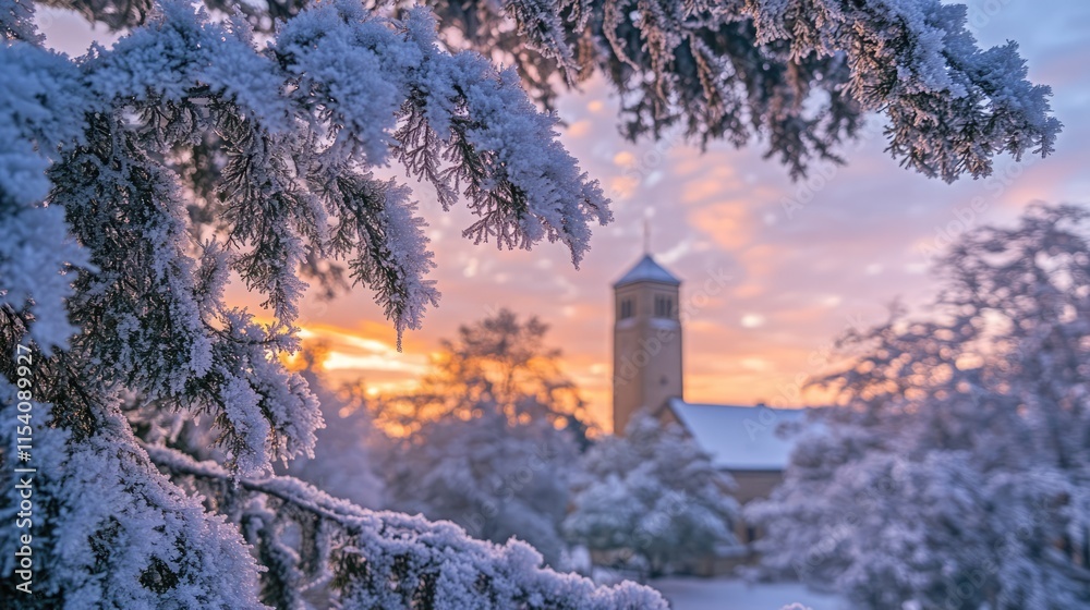 Frosty pine branches at sunset framing a tower in a serene winter landscape with soft hues illuminating the snow-covered scenery Frosty pine branches at sunset framing a tower in a serene winter landscape with soft hues illuminating the snow-covered scenery
