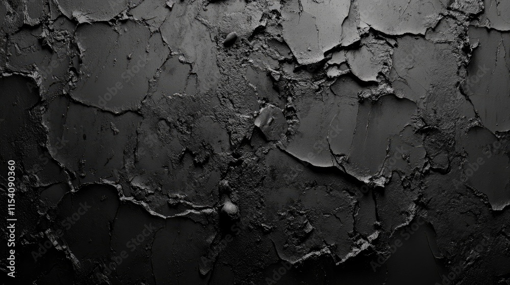 Textured black plaster wall with cracked surface ideal for backgrounds in design projects games or architectural visuals
